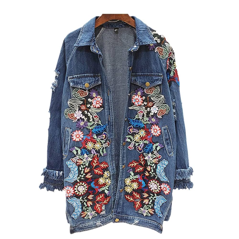 極美品 スーパービューティー　デニムジャケット ビジュー 花柄刺繍  XL 楽天市場】古着 花柄刺繍 デニムジャケット Gジャン レディースL